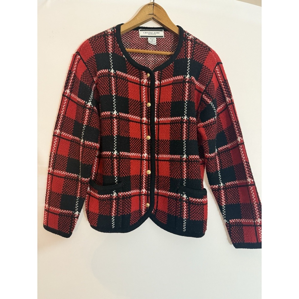 Vintage Red Black Plaid Cardigan Petite Small Button Front Retro
